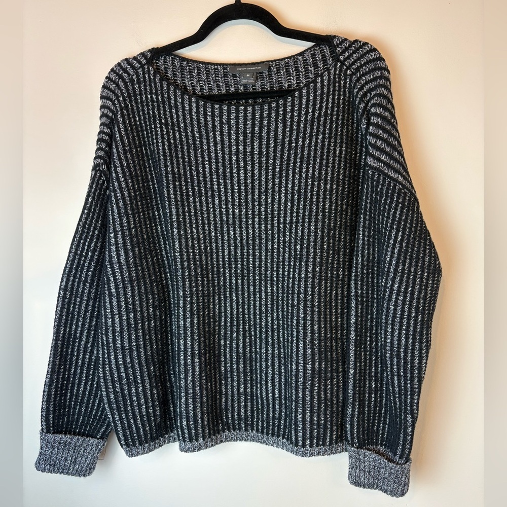 FRENCH CONNECTION Mozart Chunky Ribbed Knit Sweater in BLACK/GREY Size Medium